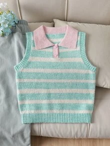 Tween Girl Striped Color Block Casual Daily Vest - Green - View 7