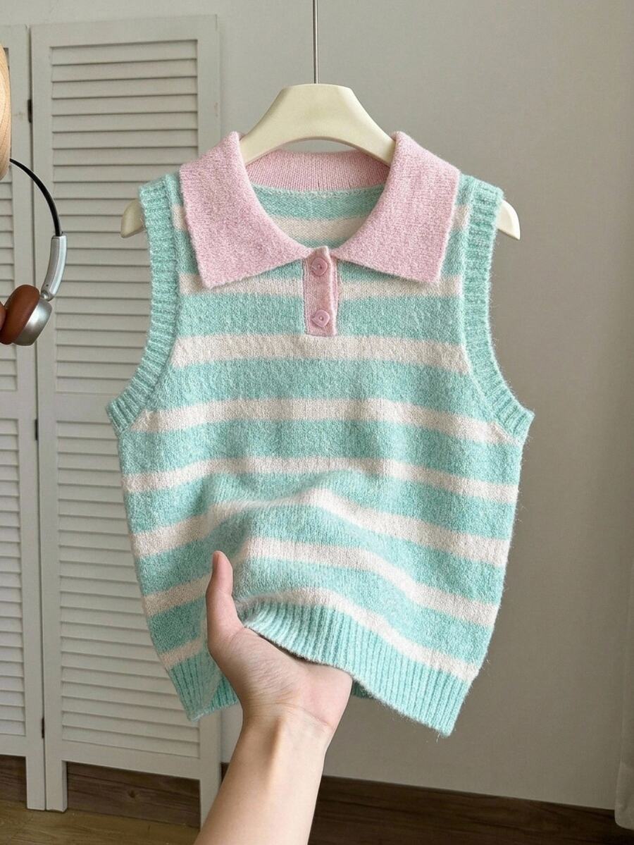 Tween Girl Striped Color Block Casual Daily Vest - Green - View 1