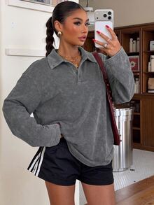 Muchica Women's Street Fashion Streetwear Casual Button Half-Placket Long Sleeve T-Shirt Travel Dark Grey Fall - Light Grey - View 1