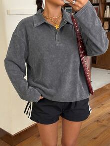 Muchica Women's Street Fashion Streetwear Casual Button Half-Placket Long Sleeve T-Shirt Travel Dark Grey Fall - Light Grey - View 5