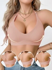 SHEIN Women's Seamless Jelly Soft Support Back-Smoothing Wire-Free Push-Up Side-Smoothing Bra, 1pc - Baby Pink - View 3