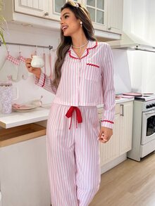 SweetSlumber Women's Striped Contrast Color Lapel Wavy Trim Long Sleeve Pants Pajama Set - Pink - View 5