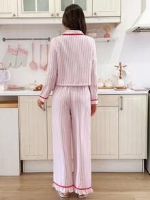 SweetSlumber Women's Striped Contrast Color Lapel Wavy Trim Long Sleeve Pants Pajama Set - Pink - View 2