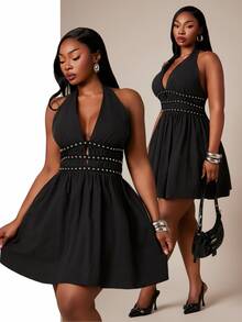 SHEIN SXY Gaun Mini A-Line Tanpa Lengan Berwarna Hitam dengan Leher V dan Hiasan Stud. - Hitam - View 9