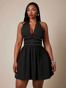 SHEIN SXY Gaun Mini A-Line Tanpa Lengan Berwarna Hitam dengan Leher V dan Hiasan Stud. - Hitam - View 4