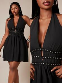 SHEIN SXY Gaun Mini A-Line Tanpa Lengan Berwarna Hitam dengan Leher V dan Hiasan Stud. - Hitam - View 3
