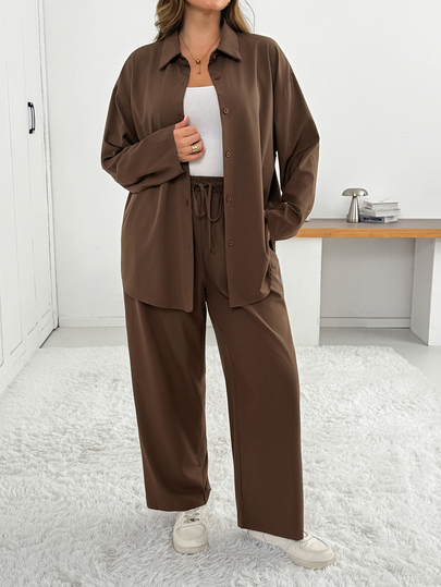 SHEIN Essnce Women's Plus-Size Two Pieces Set: Blue Long-Sleeve Shirt With Webbing Detail & Brown Wide-Leg Pants (Stylish, Casual, Loose & Comfortable – Autumn)