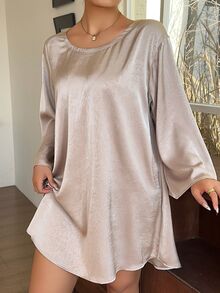 Dazy Plus Gaun Tidur Satin Longgar Elegan Lengan Pendek Model Baru Musim Semi/Musim Gugur - Khaki - View 6