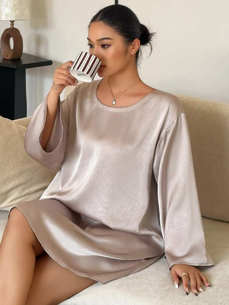 Dazy Plus Gaun Tidur Satin Longgar Elegan Lengan Pendek Model Baru Musim Semi/Musim Gugur - Khaki - View 4