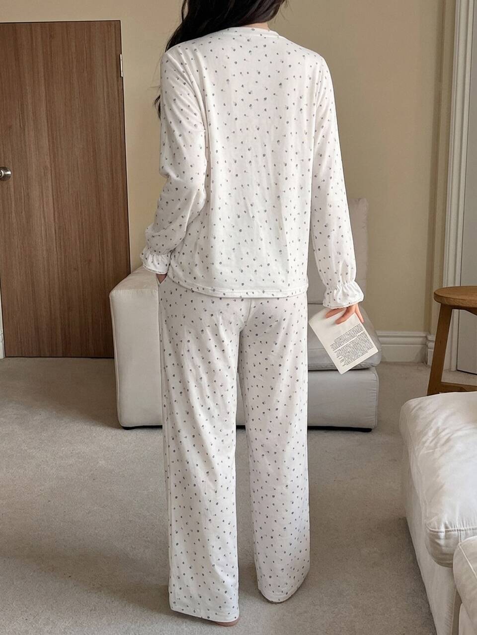 2pcs/Set Women's Floral Lace Trim Loose Cardigan & Straight Leg Long Pajama Pants Sleepwear Set Fall