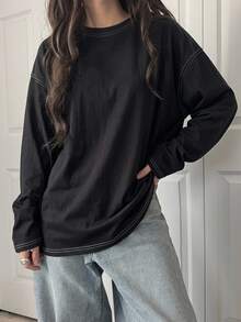 Dazy-Less Women's Casual Round Neck Drop Shoulder Long Sleeve Seam Detail T-Shirt, Spring & Autumn Old Money Style,Fall Women Clothes - Black - View 11
