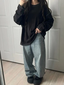 Dazy-Less Women's Casual Round Neck Drop Shoulder Long Sleeve Seam Detail T-Shirt, Spring & Autumn Old Money Style,Fall Women Clothes - Black - View 1