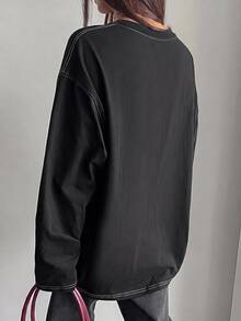Dazy-Less Women's Casual Round Neck Drop Shoulder Long Sleeve Seam Detail T-Shirt, Spring & Autumn Old Money Style,Fall Women Clothes - Black - View 5