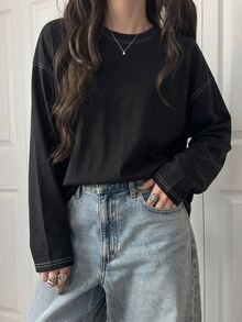 Dazy-Less Women's Casual Round Neck Drop Shoulder Long Sleeve Seam Detail T-Shirt, Spring & Autumn Old Money Style,Fall Women Clothes - Black - View 12