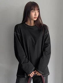 Dazy-Less Women's Casual Round Neck Drop Shoulder Long Sleeve Seam Detail T-Shirt, Spring & Autumn Old Money Style,Fall Women Clothes - Black - View 4