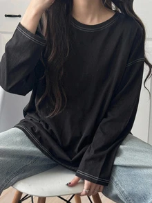 Dazy-Less Women's Casual Round Neck Drop Shoulder Long Sleeve Seam Detail T-Shirt, Spring & Autumn Old Money Style,Fall Women Clothes - Black - View 10