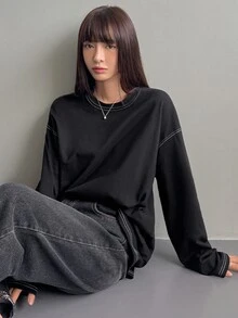 Dazy-Less Women's Casual Round Neck Drop Shoulder Long Sleeve Seam Detail T-Shirt, Spring & Autumn Old Money Style,Fall Women Clothes - Black - View 7