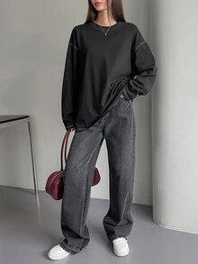 Dazy-Less Women's Casual Round Neck Drop Shoulder Long Sleeve Seam Detail T-Shirt, Spring & Autumn Old Money Style,Fall Women Clothes - Black - View 6
