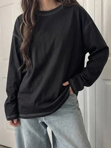 Dazy-Less Women's Casual Round Neck Drop Shoulder Long Sleeve Seam Detail T-Shirt, Spring & Autumn Old Money Style,Fall Women Clothes - Black - View 13