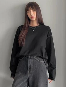 Dazy-Less Women's Casual Round Neck Drop Shoulder Long Sleeve Seam Detail T-Shirt, Spring & Autumn Old Money Style,Fall Women Clothes - Black - View 3