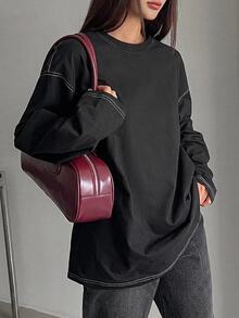 Dazy-Less Women's Casual Round Neck Drop Shoulder Long Sleeve Seam Detail T-Shirt, Spring & Autumn Old Money Style,Fall Women Clothes - Black - View 9