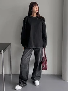 Dazy-Less Women's Casual Round Neck Drop Shoulder Long Sleeve Seam Detail T-Shirt, Spring & Autumn Old Money Style,Fall Women Clothes - Black - View 2