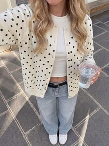 SHEIN Kids Tween Girls' Loose Casual Cute Minimalist Comfortable Round School Black And White Polka Dot Bow Decor Cardigan Autumn - Apricot - View 9