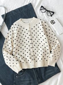 SHEIN Kids Tween Girls' Loose Casual Cute Minimalist Comfortable Round School Black And White Polka Dot Bow Decor Cardigan Autumn - Apricot - View 3