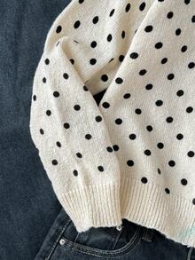 SHEIN Kids Tween Girls' Loose Casual Cute Minimalist Comfortable Round School Black And White Polka Dot Bow Decor Cardigan Autumn - Apricot - View 6