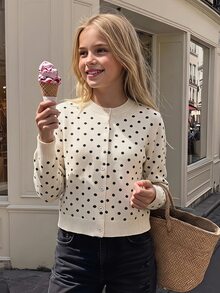 SHEIN Kids Tween Girls' Loose Casual Cute Minimalist Comfortable Round School Black And White Polka Dot Bow Decor Cardigan Autumn - Apricot - View 8