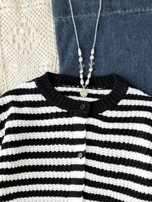SHEIN Cardigan Kasual Bergaris Hitam Putih untuk Anak Perempuan Remaja, Cocok untuk Musim Gugur/Dingin, Kembali ke Sekolah - Hitam dan Putih - View 5