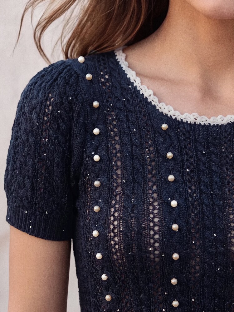 Anewsta Modern Hollow Studded Handmade Collar Women's Navy Blue Knit Lantern Sleeve Short Sleeve Blouse Date High Tea Summer Elegant - Navy Blue - View 1
