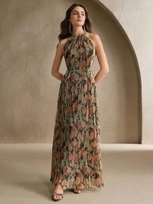 Anewsta 女士优雅印花无袖收腰连衣裙，适合情人节派对、婚礼宾客、生日、度假、海滩等场合 - 黃色 - 查看 4
