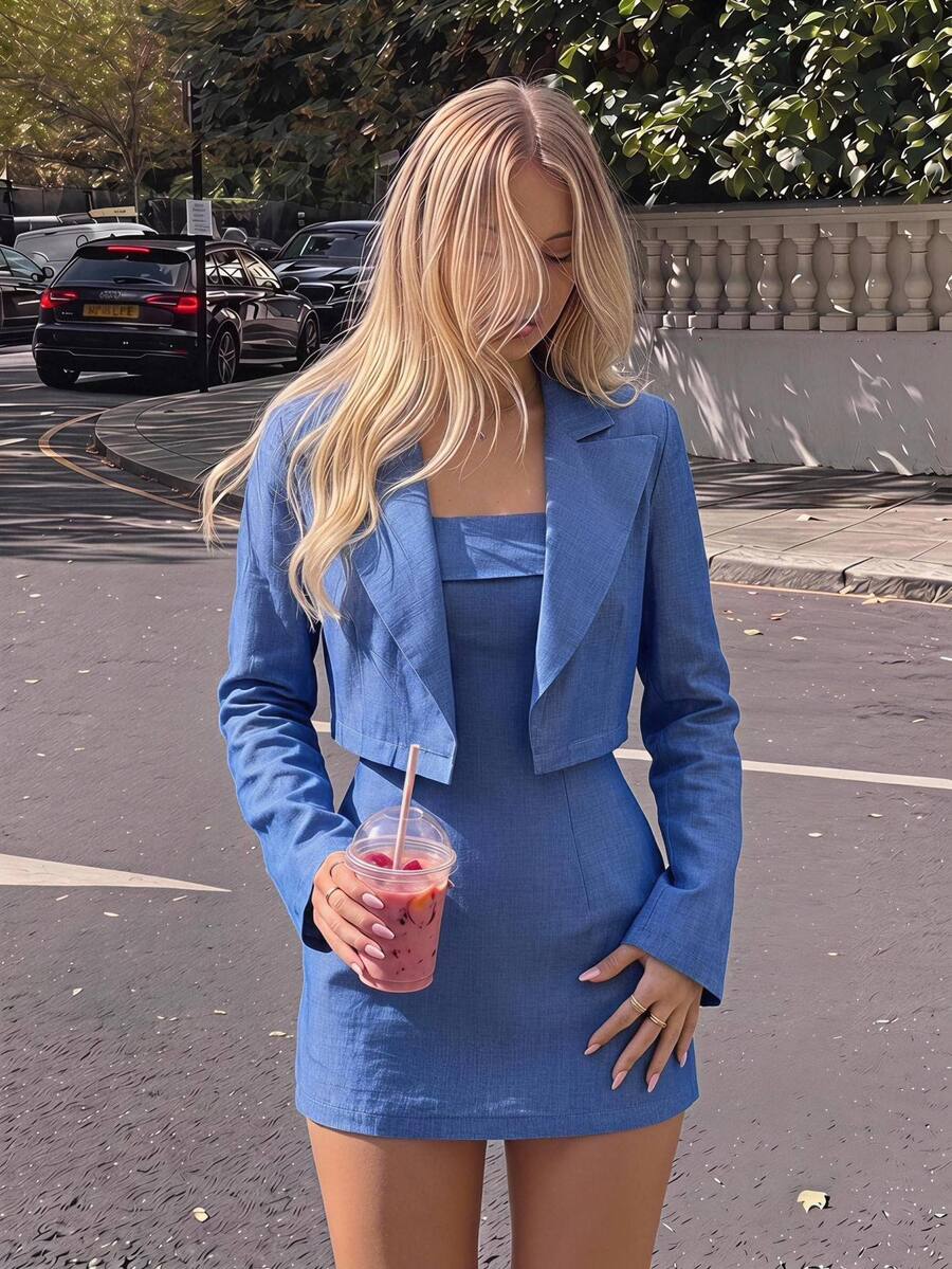 SHEIN MOD Women's Solid Color Notch Lapel Long Sleeve Blazer And Camisole Dress Elegant Set - Blue - View 1
