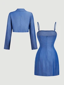 SHEIN MOD Women's Solid Color Notch Lapel Long Sleeve Blazer And Camisole Dress Elegant Set - Blue - View 9