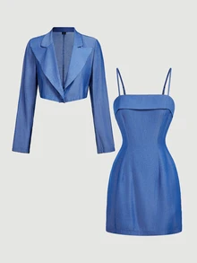 SHEIN MOD Women's Solid Color Notch Lapel Long Sleeve Blazer And Camisole Dress Elegant Set - Blue - View 13