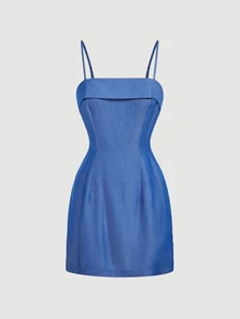 SHEIN MOD Women's Solid Color Notch Lapel Long Sleeve Blazer And Camisole Dress Elegant Set - Blue - View 14