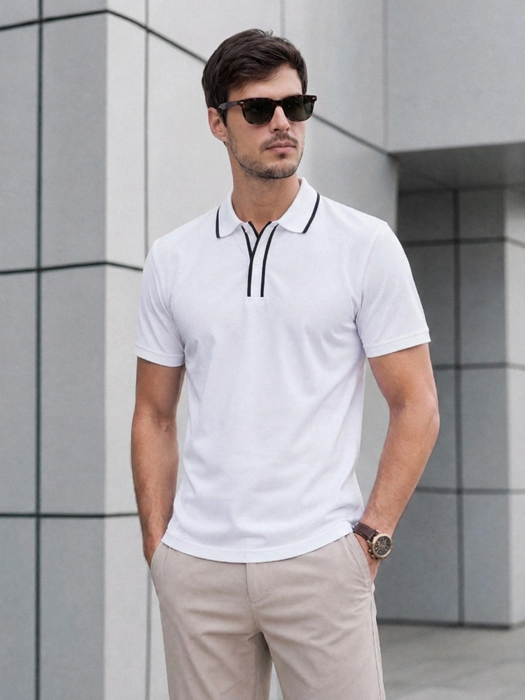 TekDrob Double Anti-Odor Heavy Viscose Polo Shirt With Striped RIB Detail And Regular Fit - White - View 7