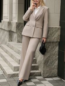 Ciel Poise Casual Business Professional Fall/ Solid Color Twill Fabric Lapel Loose Blazer With Trousers Women's Suit Set Office Taupe - Beige - View 6