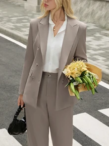 Ciel Poise Casual Business Professional Fall/ Solid Color Twill Fabric Lapel Loose Blazer With Trousers Women's Suit Set Office Taupe - Beige - View 5