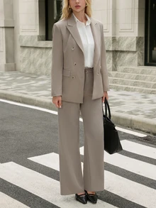 Ciel Poise Casual Business Professional Fall/ Solid Color Twill Fabric Lapel Loose Blazer With Trousers Women's Suit Set Office Taupe - Beige - View 7