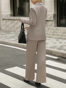 Ciel Poise Casual Business Professional Fall/ Solid Color Twill Fabric Lapel Loose Blazer With Trousers Women's Suit Set Office Taupe - Beige - View 2