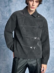 ROMWE MEN Casual 男士翻領按扣長袖夾克 - 灰色 - 查看 6