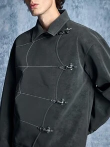 ROMWE MEN Casual 男士翻領按扣長袖夾克 - 灰色 - 查看 2
