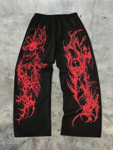 ROMWE MEN Street Life 男士哥德風印花抽繩腰運動長褲 - 黑色 - 查看 1