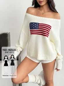 SHEIN PETITE Women's Casual Knitted Top With American Flag Pattern, Autumn/Winter - White - View 9