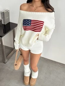 SHEIN PETITE Women's Casual Knitted Top With American Flag Pattern, Autumn/Winter - White - View 6