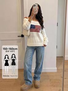 SHEIN PETITE Women's Casual Knitted Top With American Flag Pattern, Autumn/Winter - White - View 11