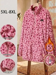 SHEIN CURVE+ Plus Size Women's Leopard Print Wool Zip-Up Sweatshirt, Graduation Long Sleeve Top, Back To School In Fall/Winter - Multicolor - View 4