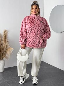 SHEIN CURVE+ Plus Size Women's Leopard Print Wool Zip-Up Sweatshirt, Graduation Long Sleeve Top, Back To School In Fall/Winter - Multicolor - View 7